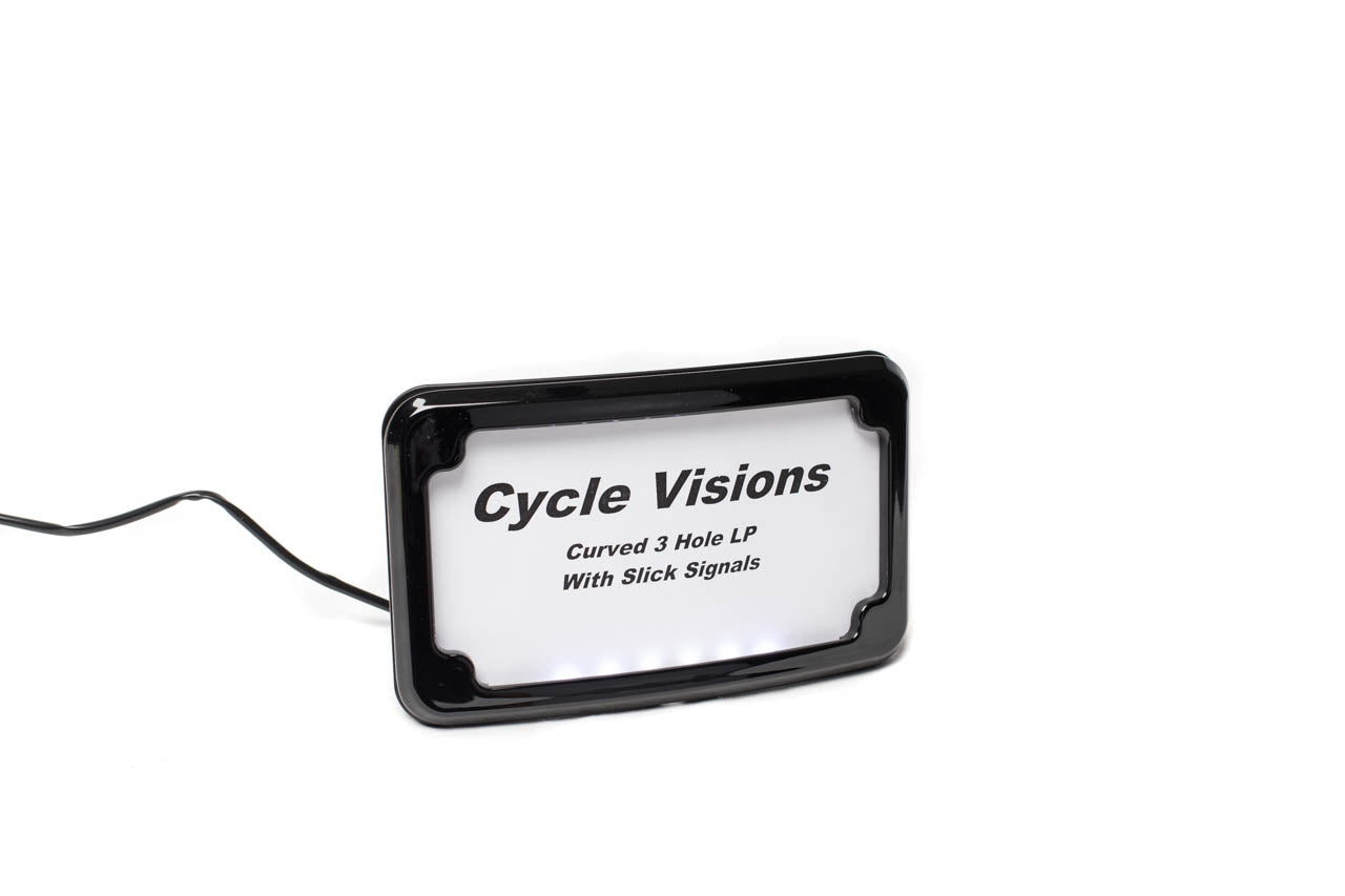 Black Curved 3-Hole License Plate Mount with Lights for Harley Davidson Motorcycles